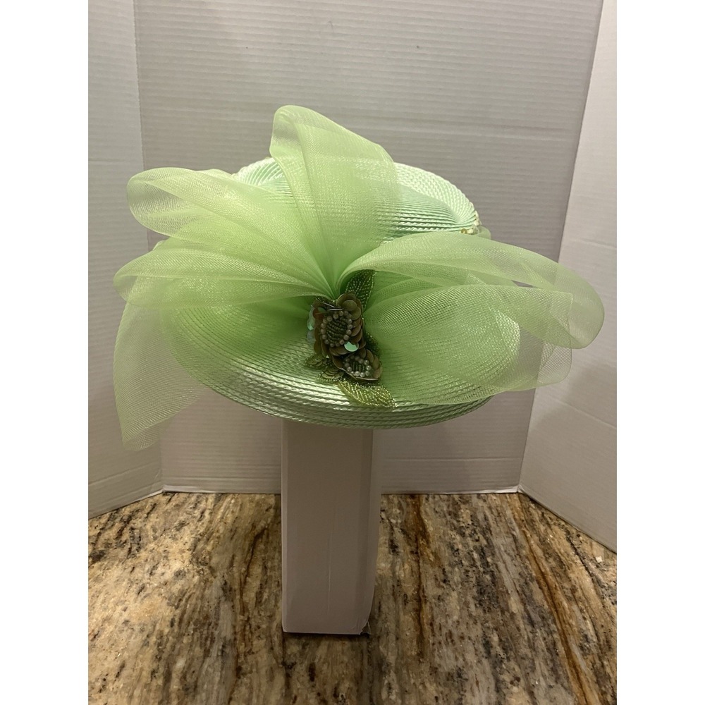 Bright Green Kentucky Derby Hat: Flower Embellishment Sweeping Mesh Loop Sequins